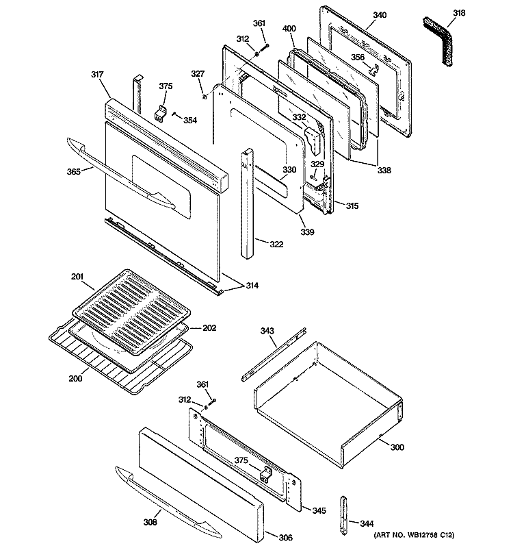 DOOR & DRAWER PARTS Diagram and Parts List for JGB900SEK6SS  General Electric Range