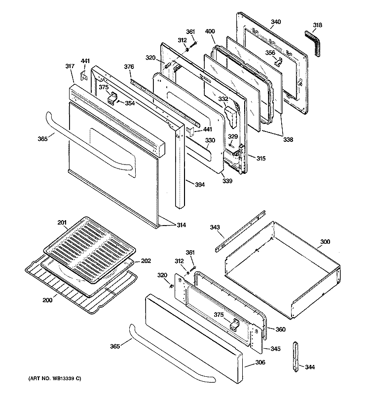 DOOR & DRAWER PARTS Diagram and Parts List for JGBP83SEJ5SS  General Electric Range