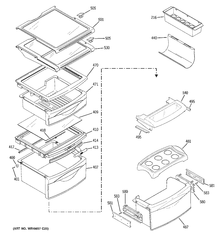 FRESH FOOD SHELVES Diagram and Parts List for PCE23NHTCFSS  General Electric Refrigerator