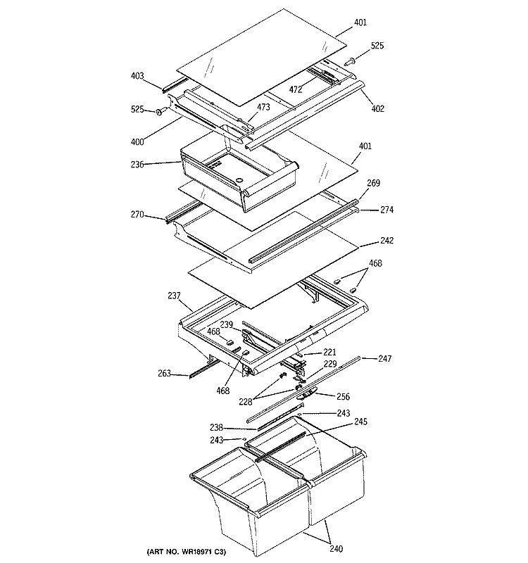 FRESH FOOD SHELVES Diagram and Parts List for HTS22GBPCRCC  Hotpoint Refrigerator