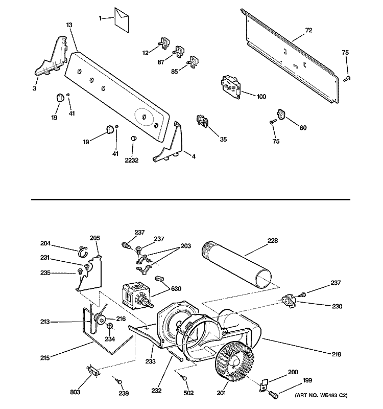 BACKSPLASH, BLOWER & MOTOR ASSEMBLY Diagram and Parts List for DQSR483EG0WW  General Electric Dryer