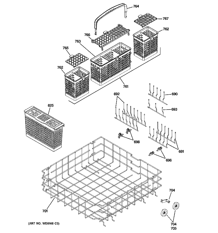 LOWER RACK ASSEMBLY Diagram and Parts List for ZBD0700N00II  General Electric Dishwasher