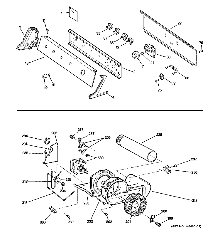 CONTROLS, BACKSPLASH, BLOWER & MOTOR Diagram and Parts List for DISR473CW5WW  General Electric Dryer