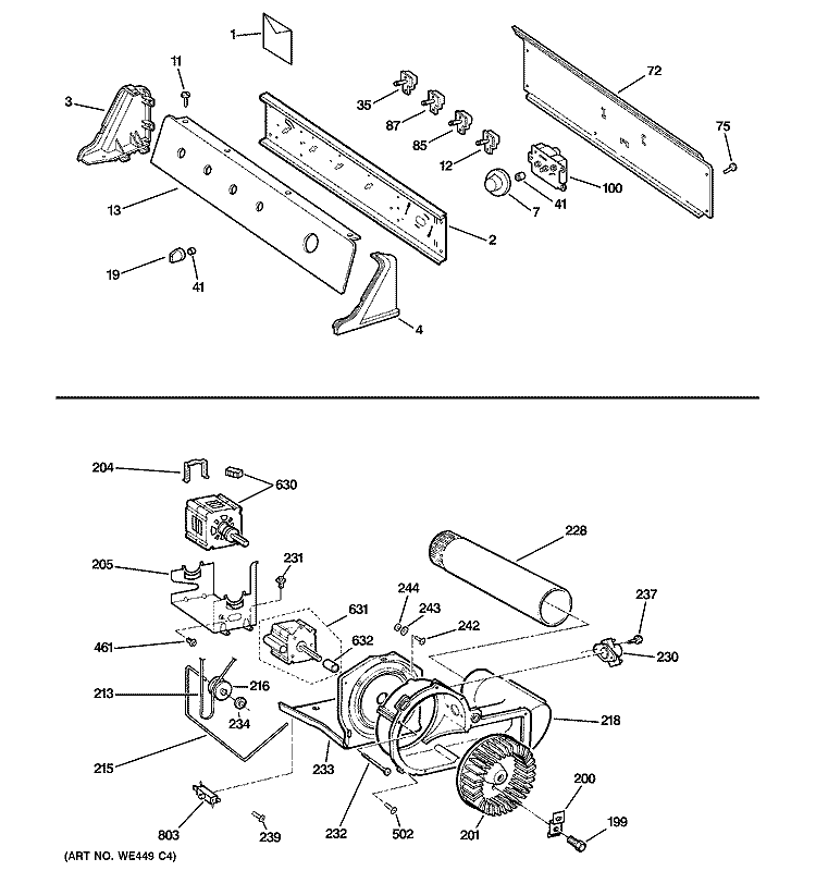 BACKSPLASH, BLOWER & MOTOR ASSEMBLY Diagram and Parts List for DLSR483GE3WW  General Electric Dryer
