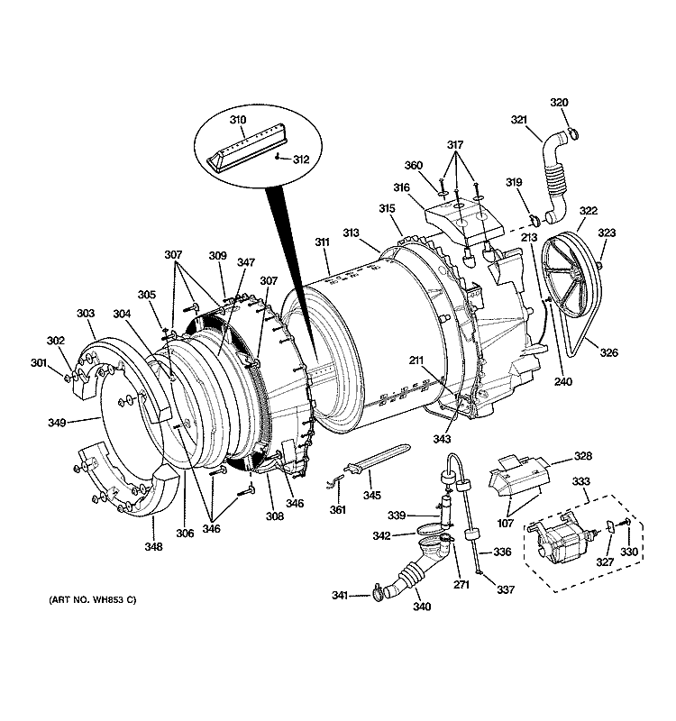 TUB & MOTOR Diagram and Parts List for WHDVH626F0WW  General Electric Washer