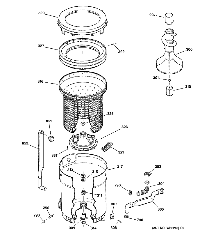 TUB, BASKET & AGITATOR Diagram and Parts List for WISR106DTBWW  General Electric Washer