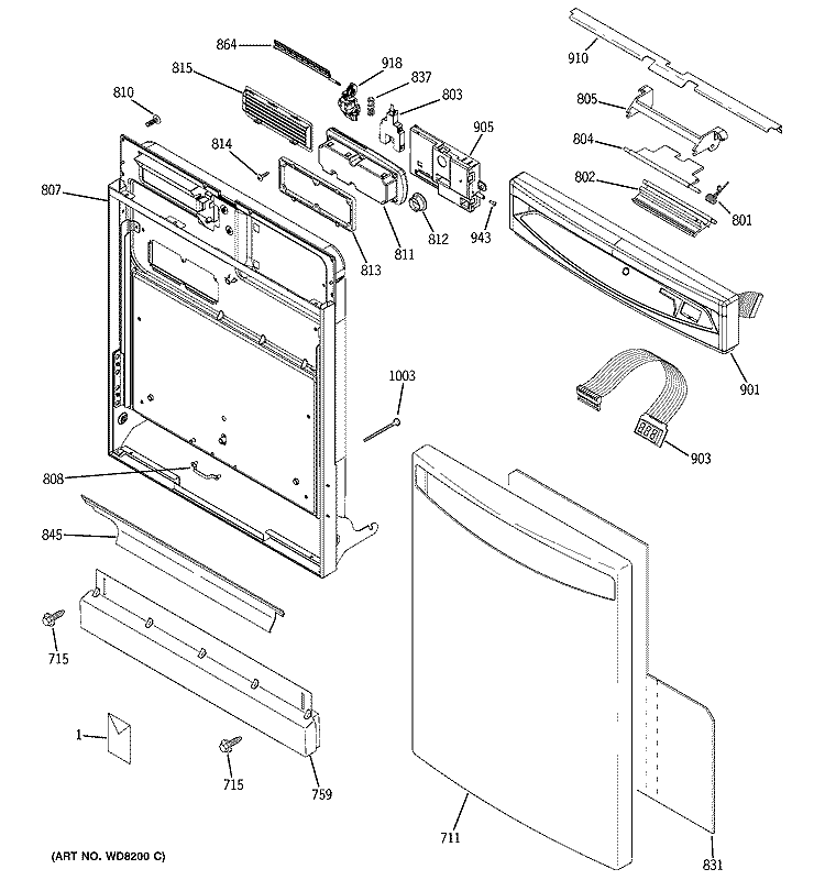 ESCUTCHEON & DOOR ASSEMBLY Diagram and Parts List for PDW7300J15CC  General Electric Dishwasher