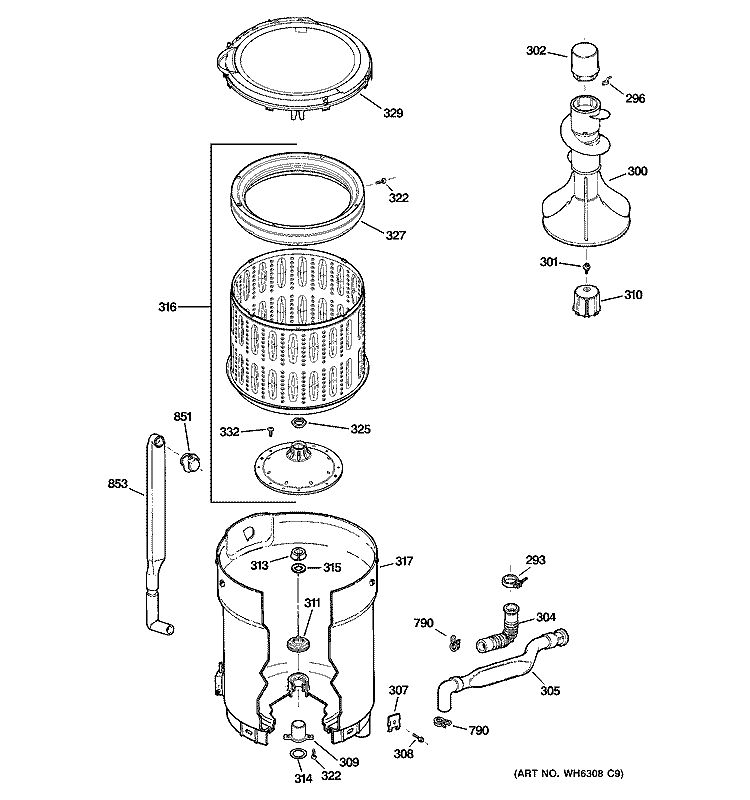 TUB, BASKET & AGITATOR Diagram and Parts List for WCRD2050F3WC  General Electric Washer