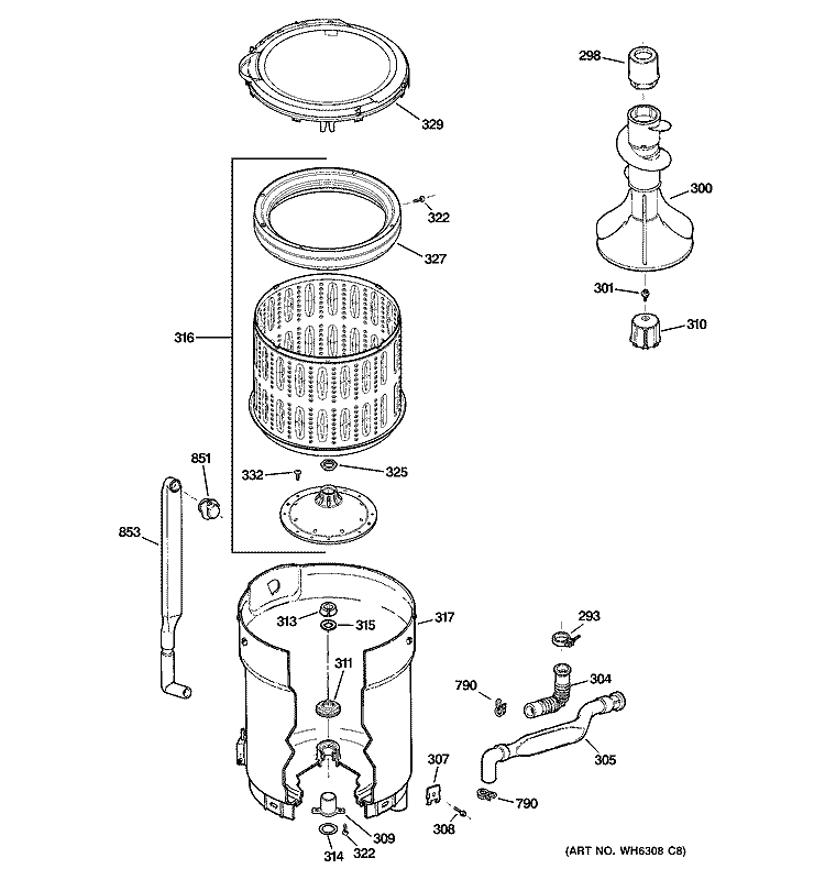 TUB, BASKET & AGITATOR Diagram and Parts List for WNRD2050DCWC  General Electric Washer