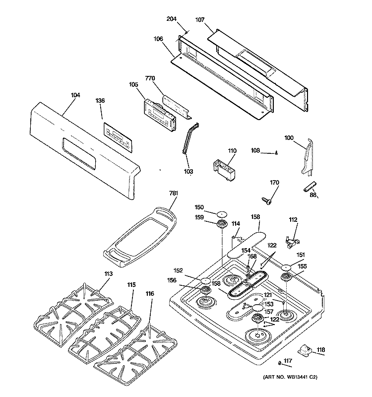 CONTROL PANEL & COOKTOP Diagram and Parts List for JGBP87MEL2BG  General Electric Range