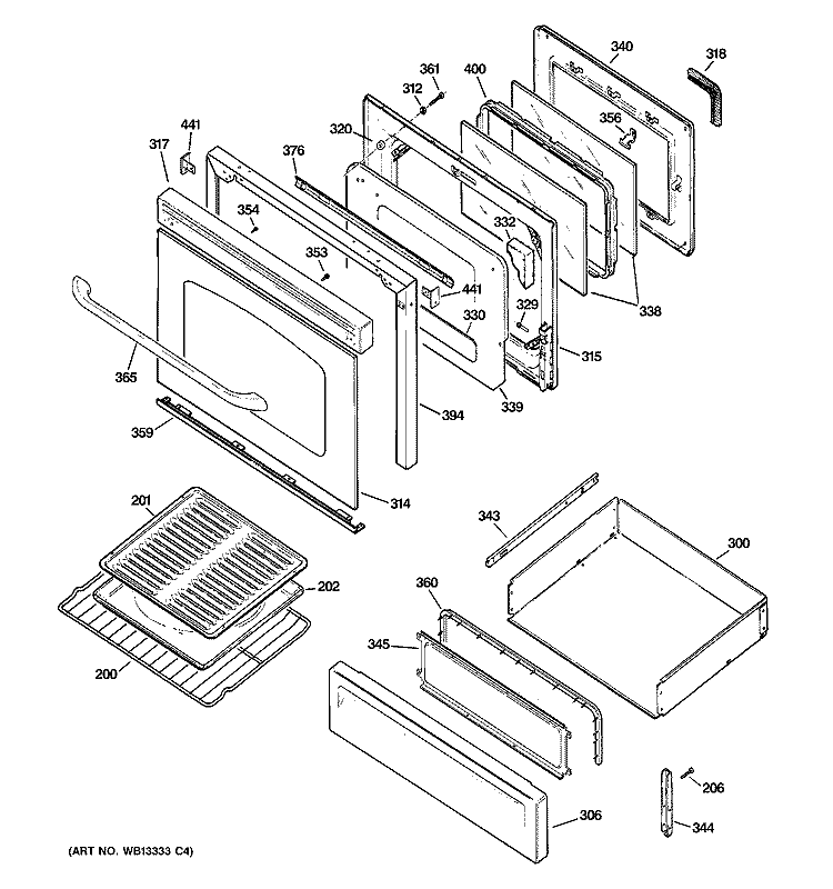 DOOR & DRAWER PARTS Diagram and Parts List for JGBP88BEL2BB  General Electric Range