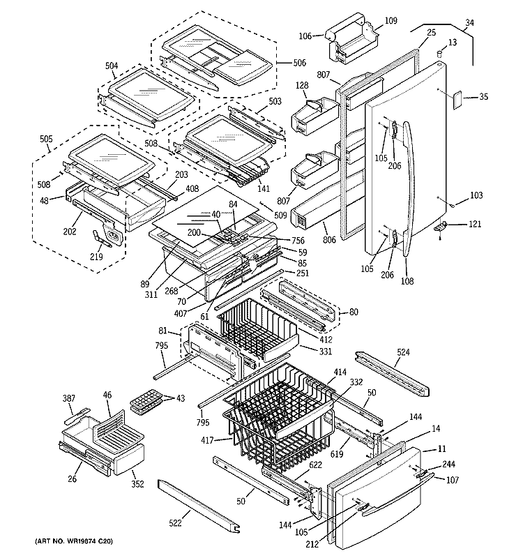 DOORS & SHELVES Diagram and Parts List for PDS20MBSACC  General Electric Refrigerator