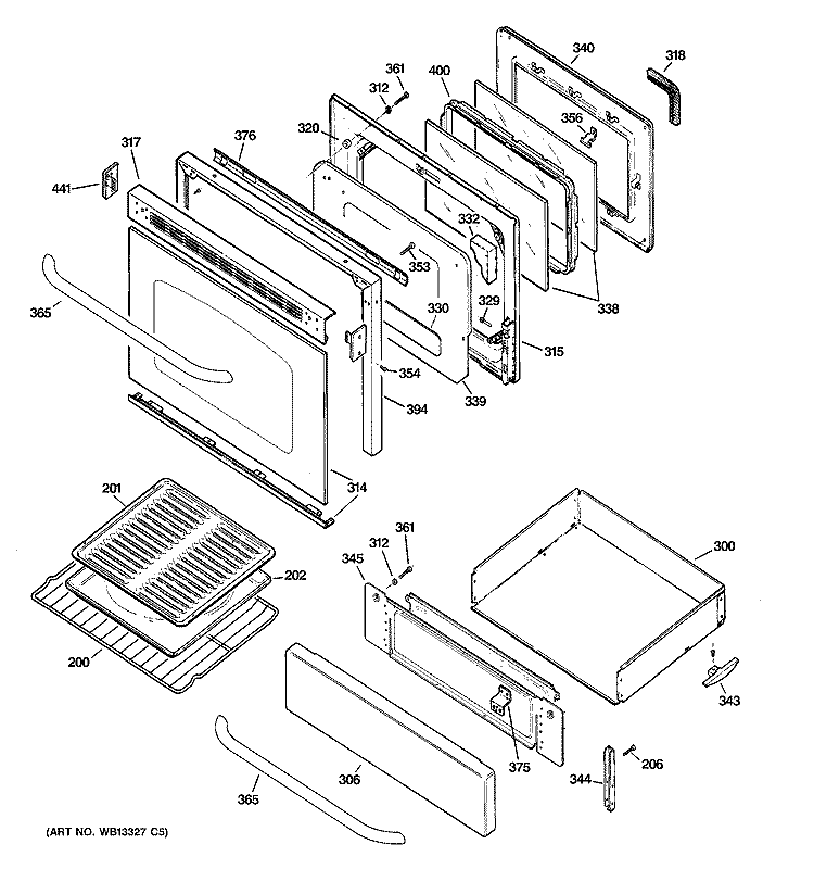 DOOR & DRAWER PARTS Diagram and Parts List for JGBP86SEL2SS  General Electric Range