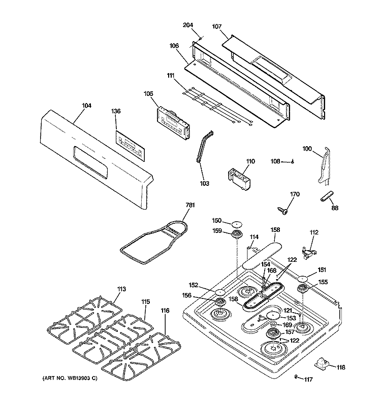 CONTROL PANEL & COOKTOP Diagram and Parts List for JGBS80SEL1SS  General Electric Range