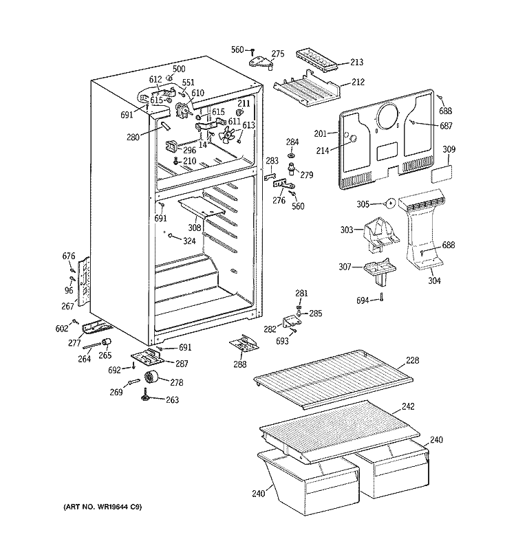CABINET Diagram and Parts List for HTR17DBSERBB  Hotpoint Refrigerator