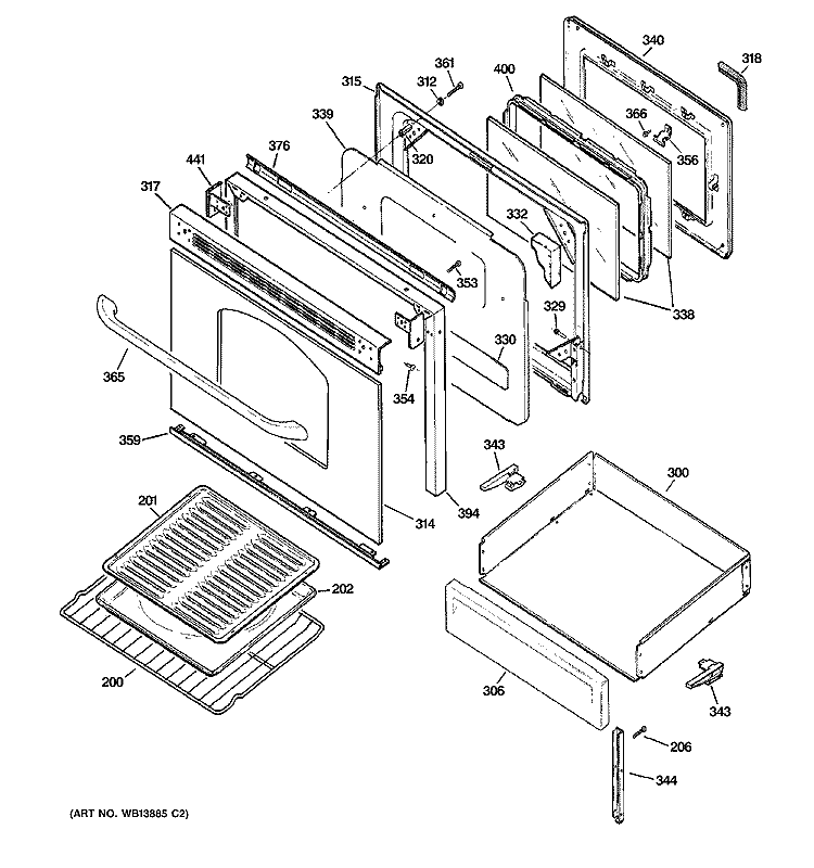 DOOR & DRAWER PARTS Diagram and Parts List for JGBP28TEL2WW  General Electric Range