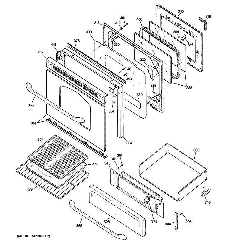 DOOR & DRAWER PARTS Diagram and Parts List for JGBP28SEL2SS  General Electric Range