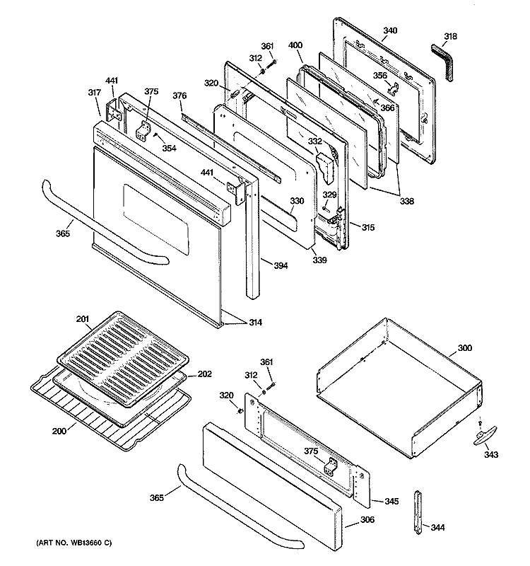 DOOR & DRAWER PARTS Diagram and Parts List for JGBP35SEJ4SS  General Electric Range