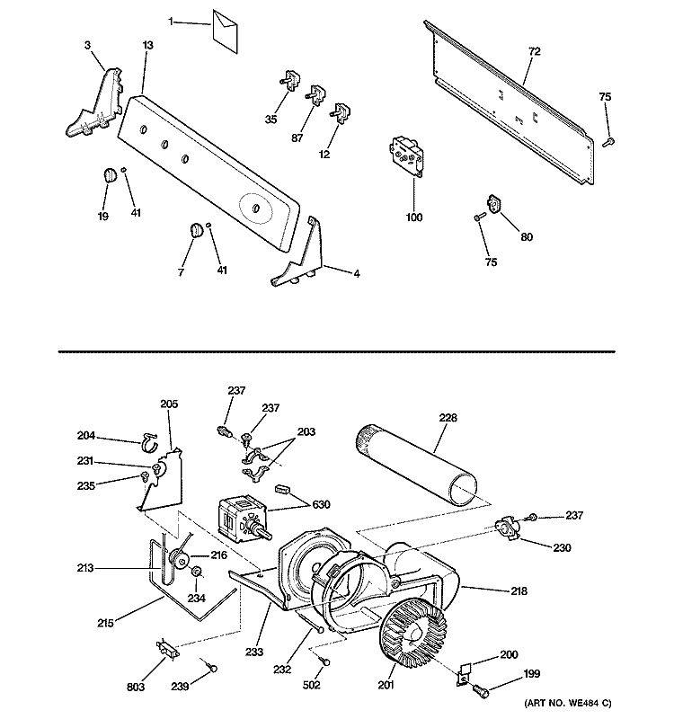 BACKSPLASH, BLOWER & MOTOR ASSEMBLY Diagram and Parts List for DHDSR46EG0WW  General Electric Dryer