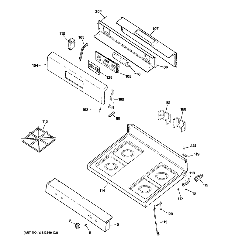 CONTROL PANEL & COOKTOP Diagram and Parts List for JGBP24BEH6CT  General Electric Range