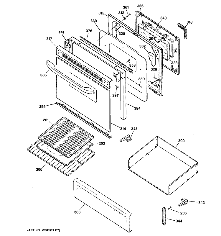 DOOR & DRAWER PARTS Diagram and Parts List for JGBP26CEH6CC  General Electric Range