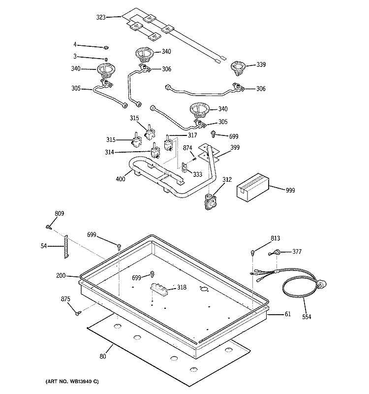 GAS & BURNER PARTS Diagram and Parts List for JGP628CEK2CC  General Electric Cooktop
