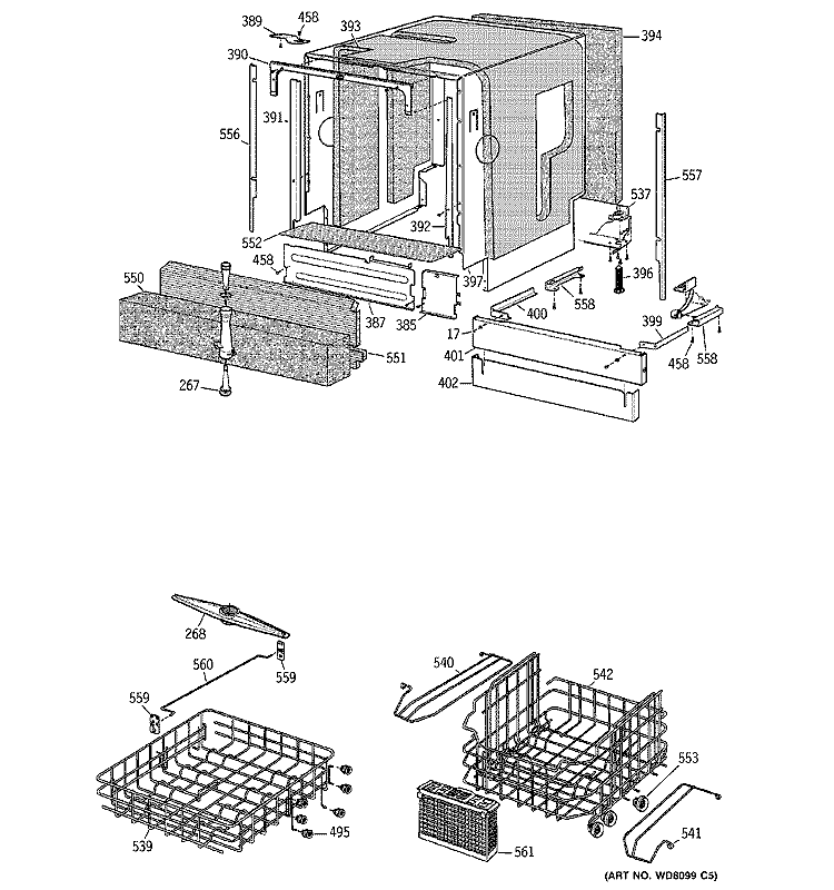 BASKET & WRAP ASSEMBLY Diagram and Parts List for ZBD7005G05II  General Electric Dishwasher