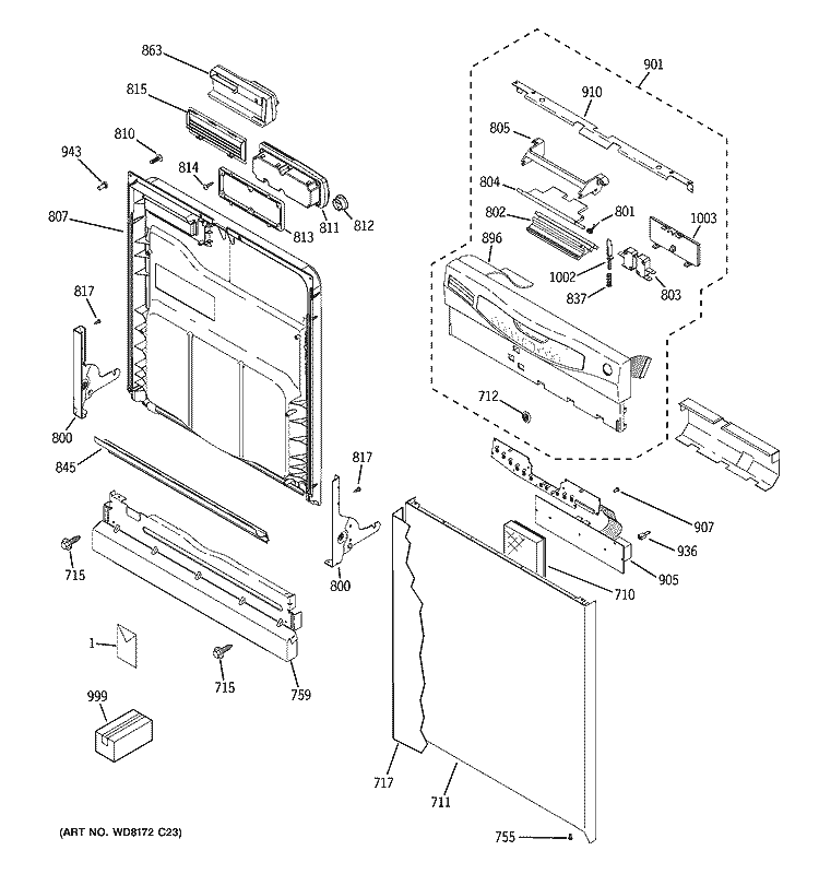 ESCUTCHEON & DOOR ASSEMBLY Diagram and Parts List for GHD4309L15BB  General Electric Dishwasher