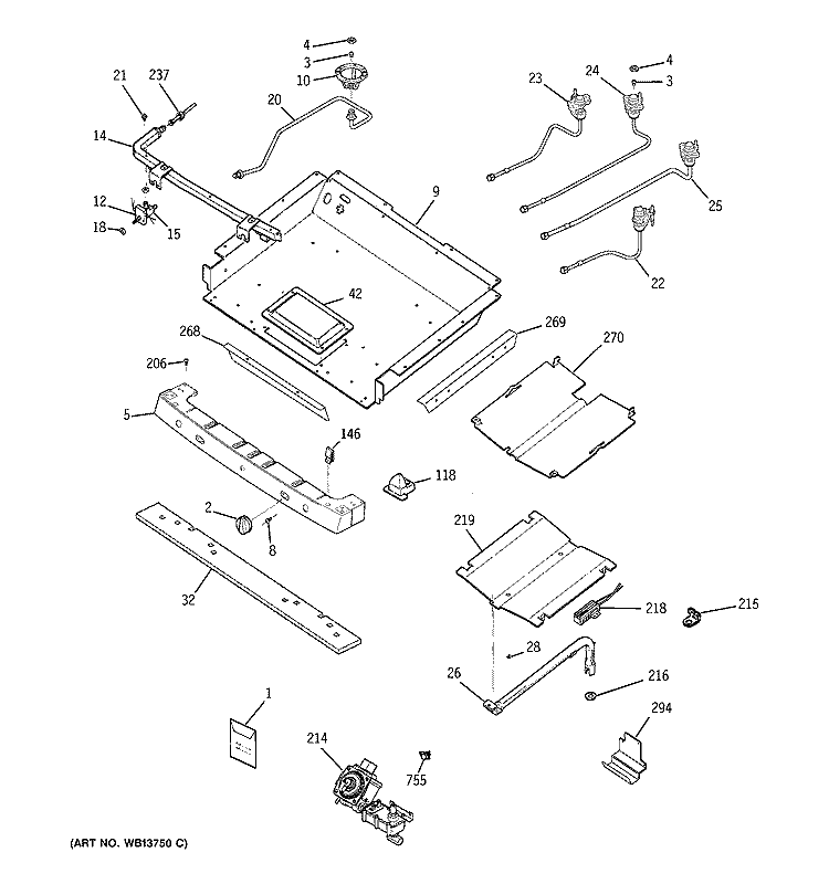 GAS & BURNER PARTS Diagram and Parts List for J2B912SEK2SS  General Electric Range