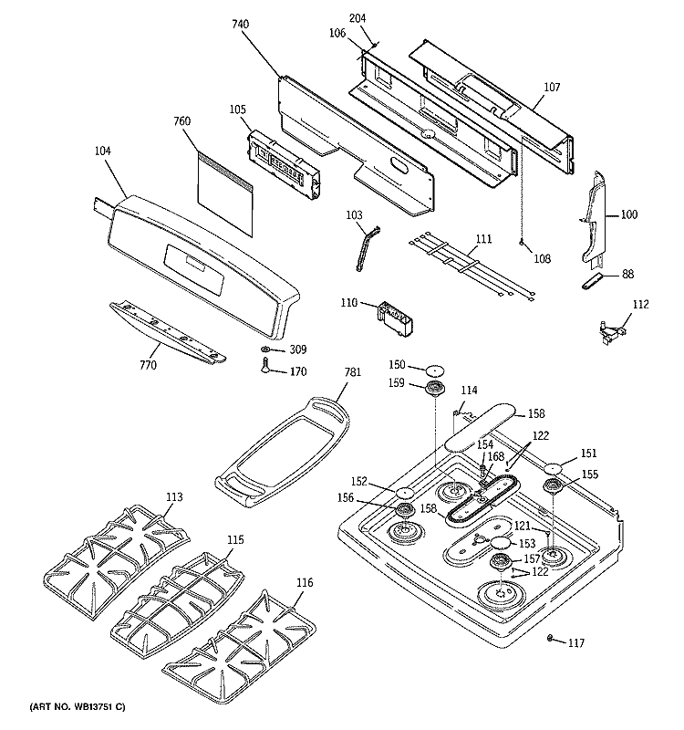 CONTROL PANEL & COOKTOP Diagram and Parts List for J2B912SEK2SS  General Electric Range