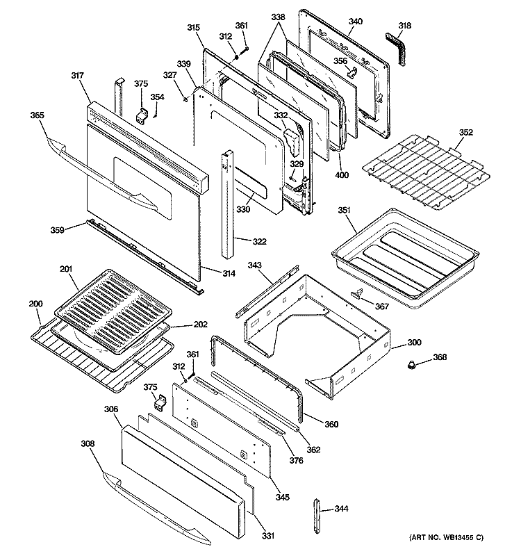DOOR & DRAWER PARTS Diagram and Parts List for J2B918WEK4WW  General Electric Range
