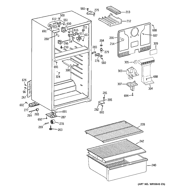CABINET Diagram and Parts List for HTS16BBSARWW  Hotpoint Refrigerator