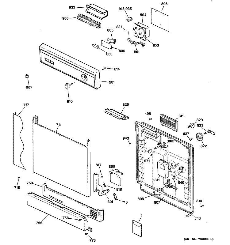 ESCUTCHEON & DOOR ASSEMBLY Diagram and Parts List for HDA3440G05SA  Hotpoint Dishwasher