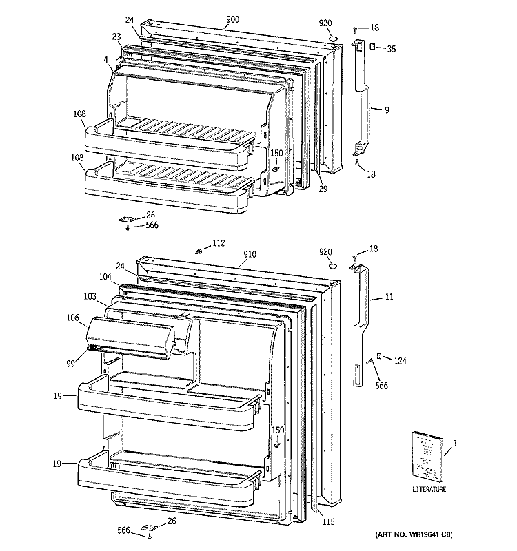 DOORS Diagram and Parts List for GTT16HBSARCC  General Electric Refrigerator