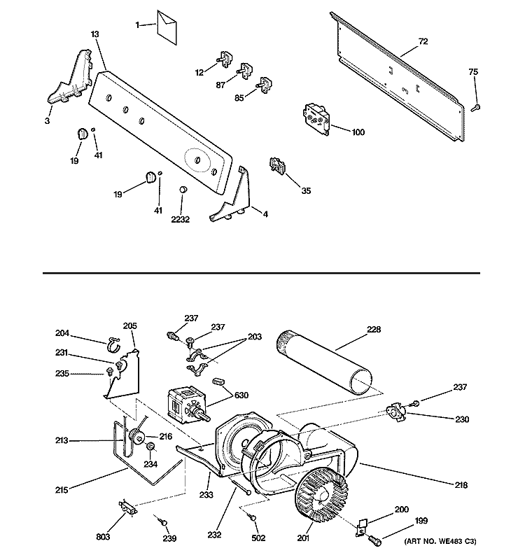 BACKSPLASH, BLOWER & MOTOR ASSEMBLY Diagram and Parts List for DRSR483GG0WW  General Electric Dryer