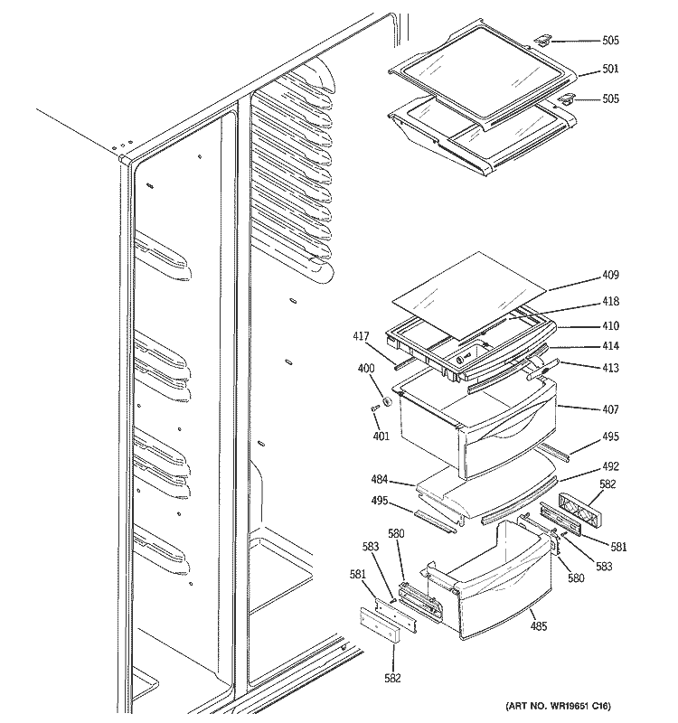 FRESH FOOD SHELVES Diagram and Parts List for GCE23LGTAFBB  General Electric Refrigerator
