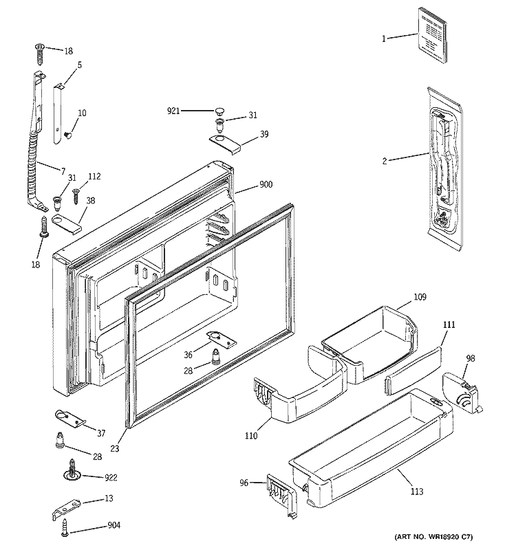 FREEZER DOOR Diagram and Parts List for PTE25SBTARBS  General Electric Refrigerator
