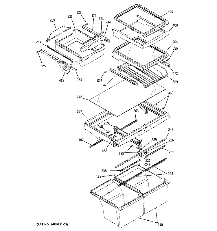 FRESH FOOD SHELVES Diagram and Parts List for PTE25SBTARBS  General Electric Refrigerator