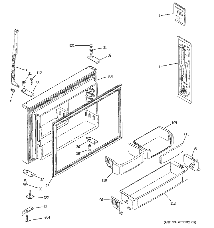 FREEZER DOOR Diagram and Parts List for PTE25SBTARSS  General Electric Refrigerator