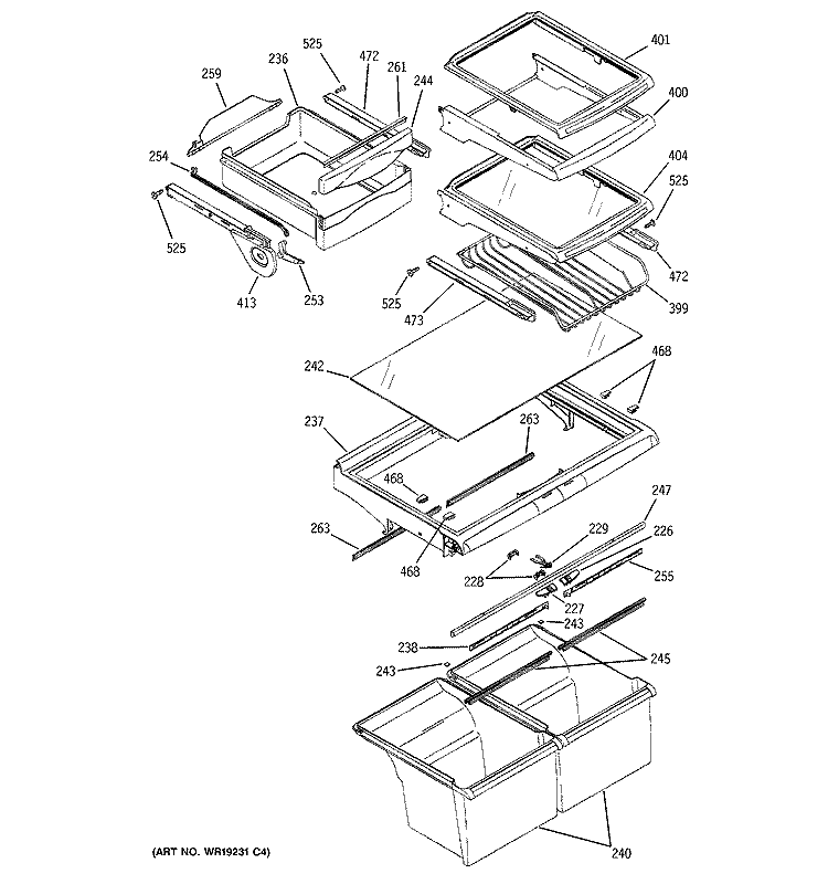 FRESH FOOD SHELVES Diagram and Parts List for PTE25SBTARSS  General Electric Refrigerator