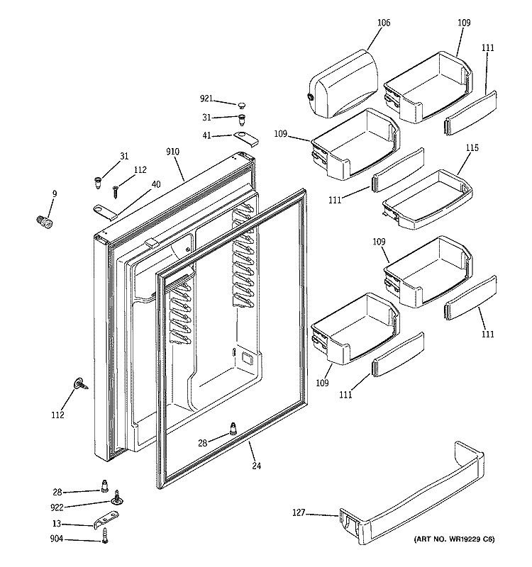FRESH FOOD DOOR Diagram and Parts List for PTE22SBTARSS  General Electric Refrigerator