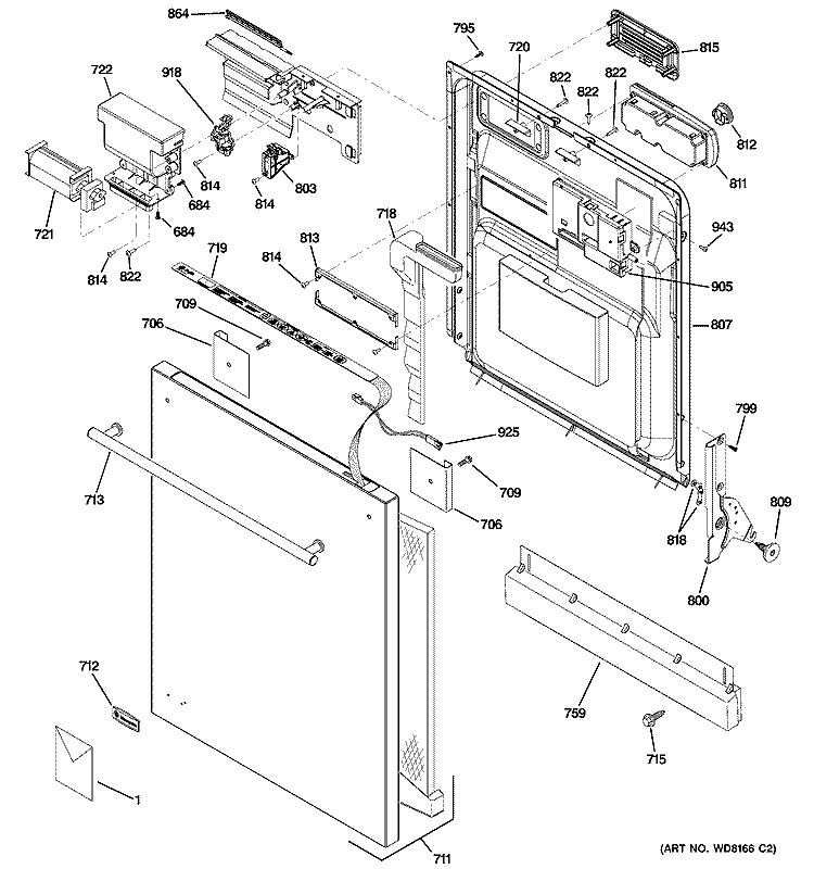 ESCUTCHEON & DOOR ASSEMBLY Diagram and Parts List for ZBD0710K01SS  General Electric Dishwasher