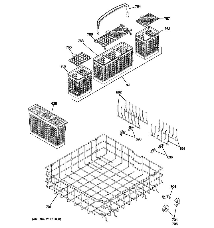 LOWER RACK ASSEMBLY Diagram and Parts List for ZBD0710K03SS  General Electric Dishwasher