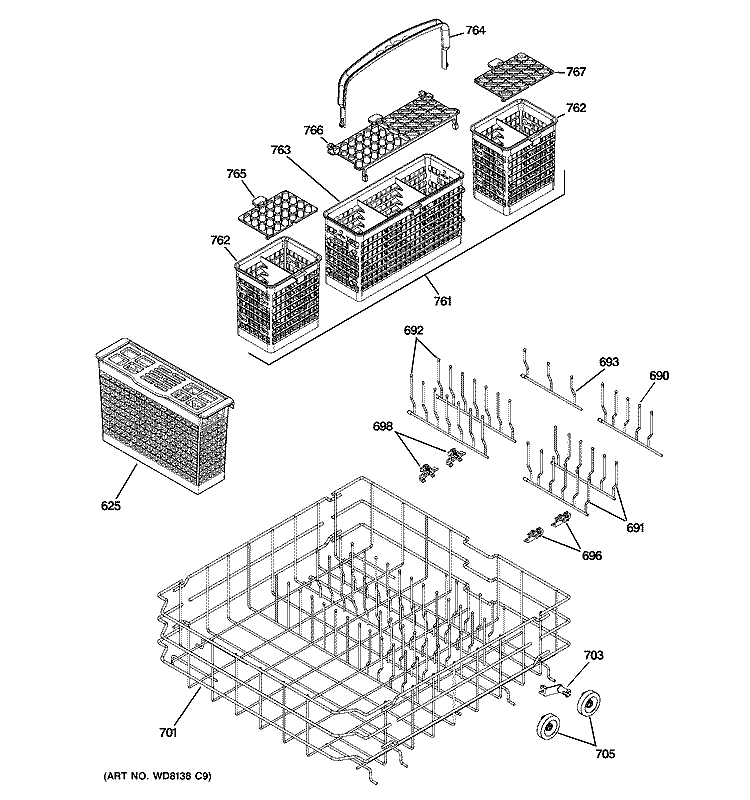 LOWER RACK ASSEMBLY Diagram and Parts List for ZBD0710K15SS  General Electric Dishwasher