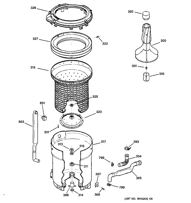 TUB, BASKET & AGITATOR Diagram and Parts List for GHDSR209H0WW  General Electric Washer
