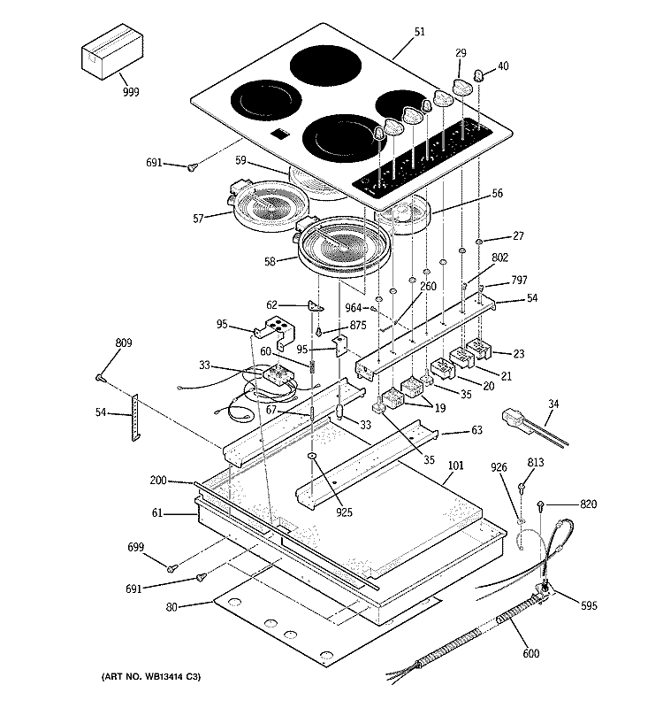 CONTROL PANEL & COOKTOP Diagram and Parts List for JP940SK1SS  General Electric Cooktop