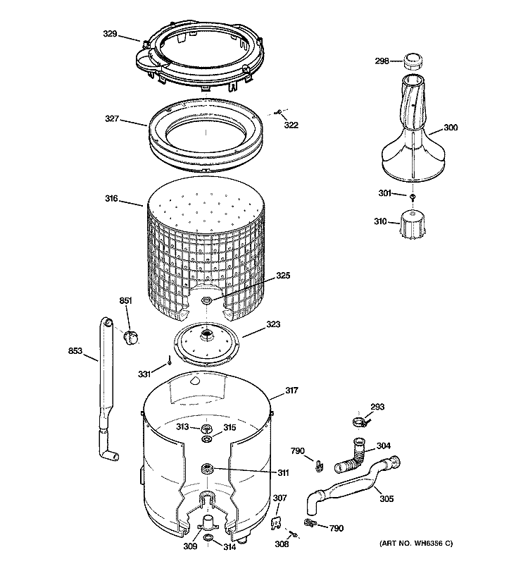 TUB, BASKET & AGITATOR Diagram and Parts List for WBB2090F3WW  General Electric Washer