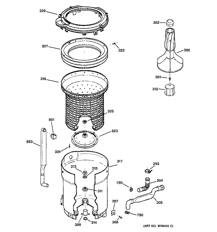 TUB, BASKET & AGITATOR Diagram and Parts List for WHDSR209DDWW  General Electric Washer
