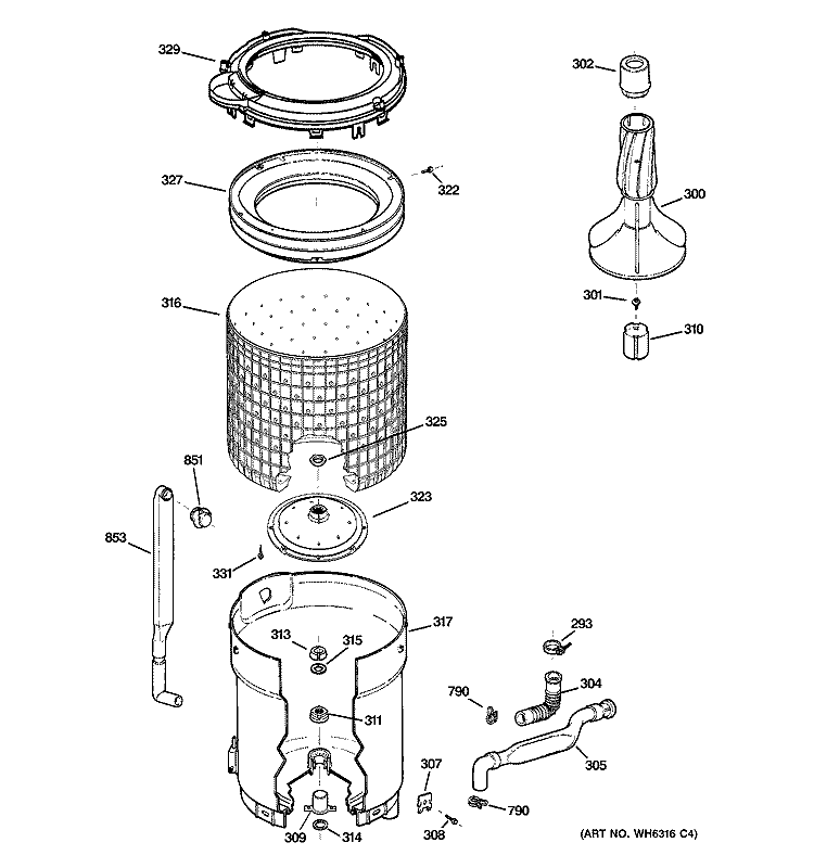 TUB, BASKET & AGITATOR Diagram and Parts List for WVSR1060G0WW  General Electric Washer