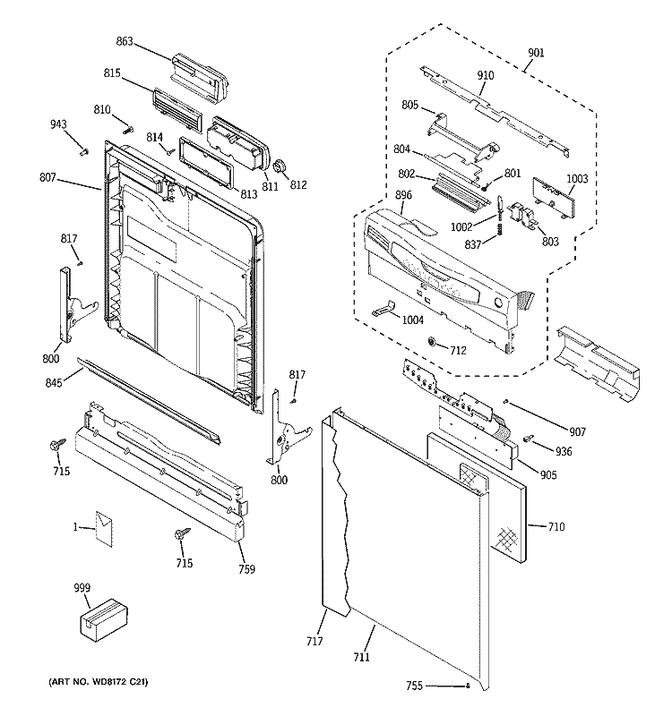 ESCUTCHEON & DOOR ASSEMBLY Diagram and Parts List for EDW5160N00SS  General Electric Dishwasher